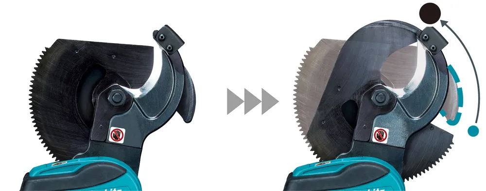 Pildil on Makita akukaablilõikur DTC101ZK, mille lõikepea liigub, näidates selle tööd.