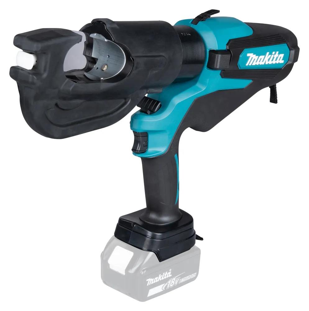 Pildil on Makita akukaablipress DTC302ZK, mis on ilma aku ja laadijata, nähtav detailina, koos musta ja türkiissinise...