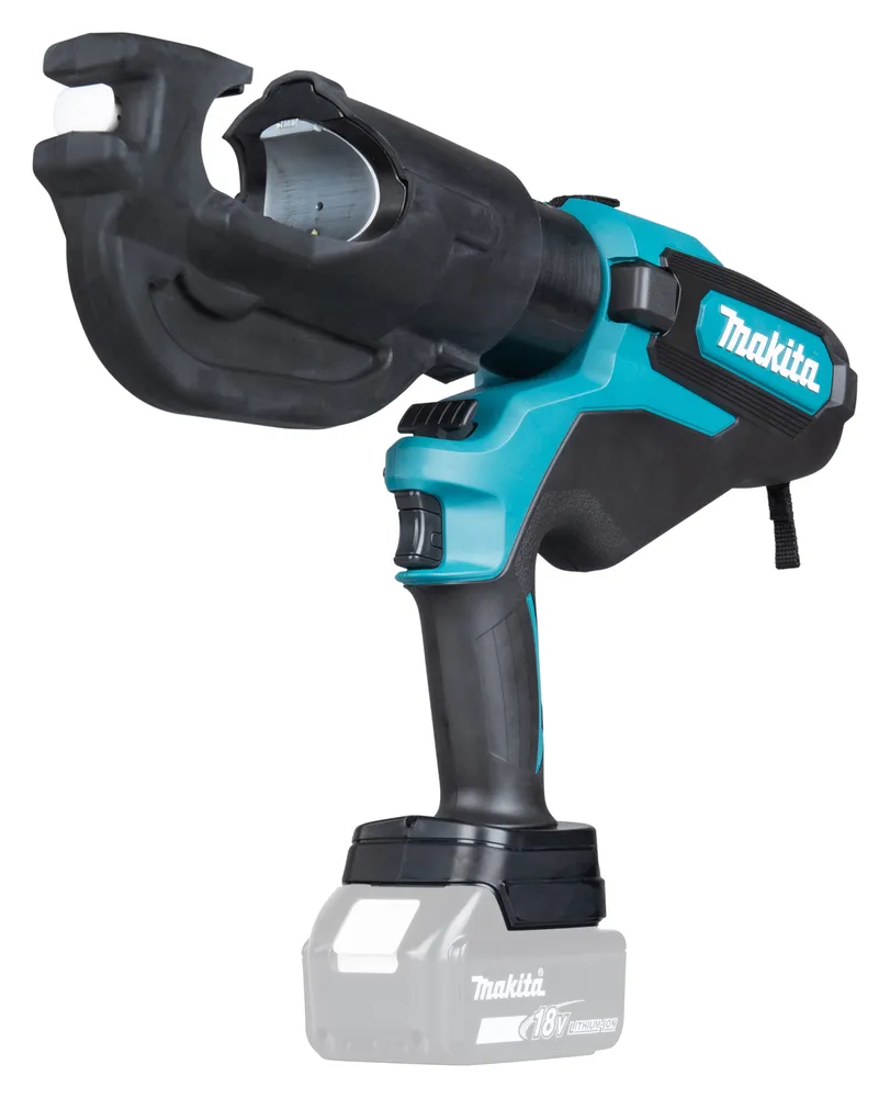 Pildil on Makita akukaablipress DTC302ZK, mis on ilma aku ja laadijata, näidates seadme pea, käepideme ja akupesa kujundust.