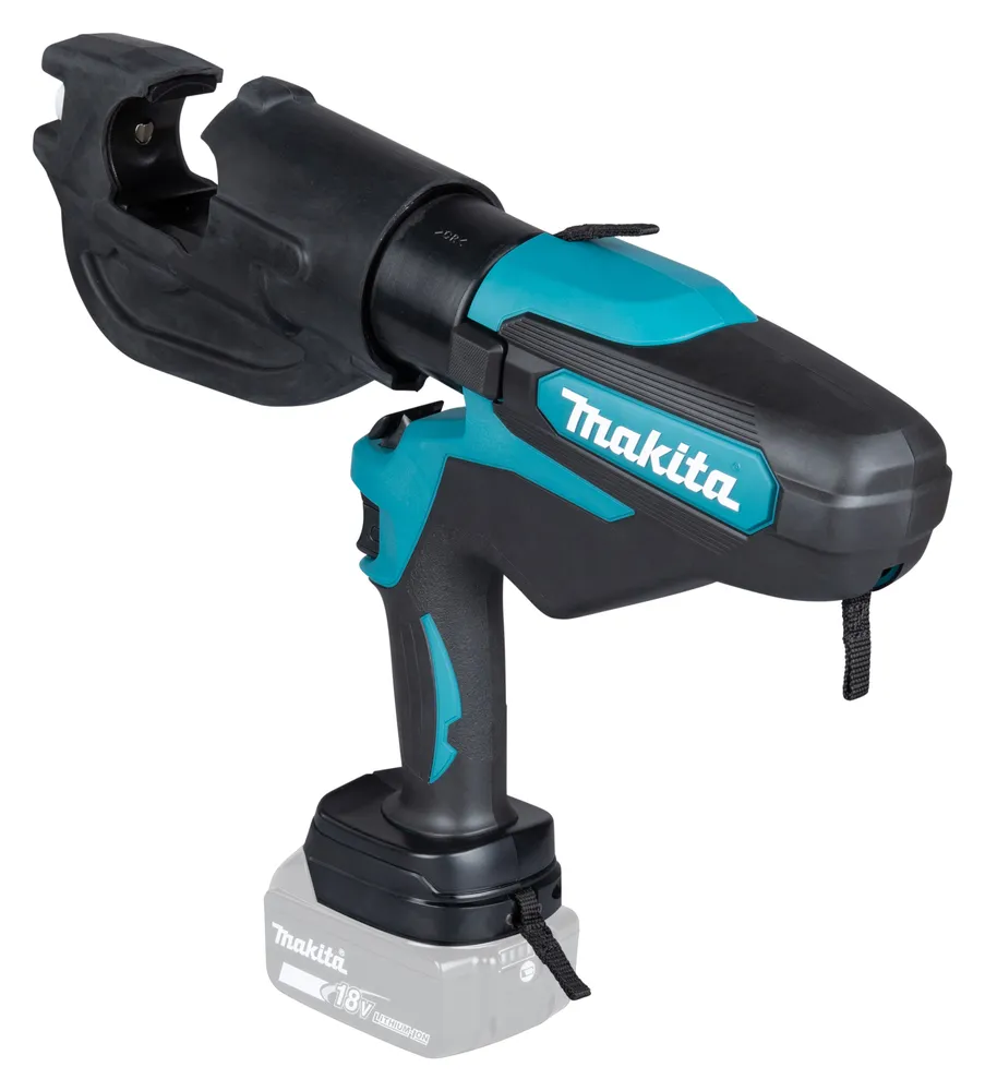 Pildil on Makita akukaablipress DTC302ZK, ilma aku ja laadijata, nähtavana on pressi ots ja aku kinnitus.
