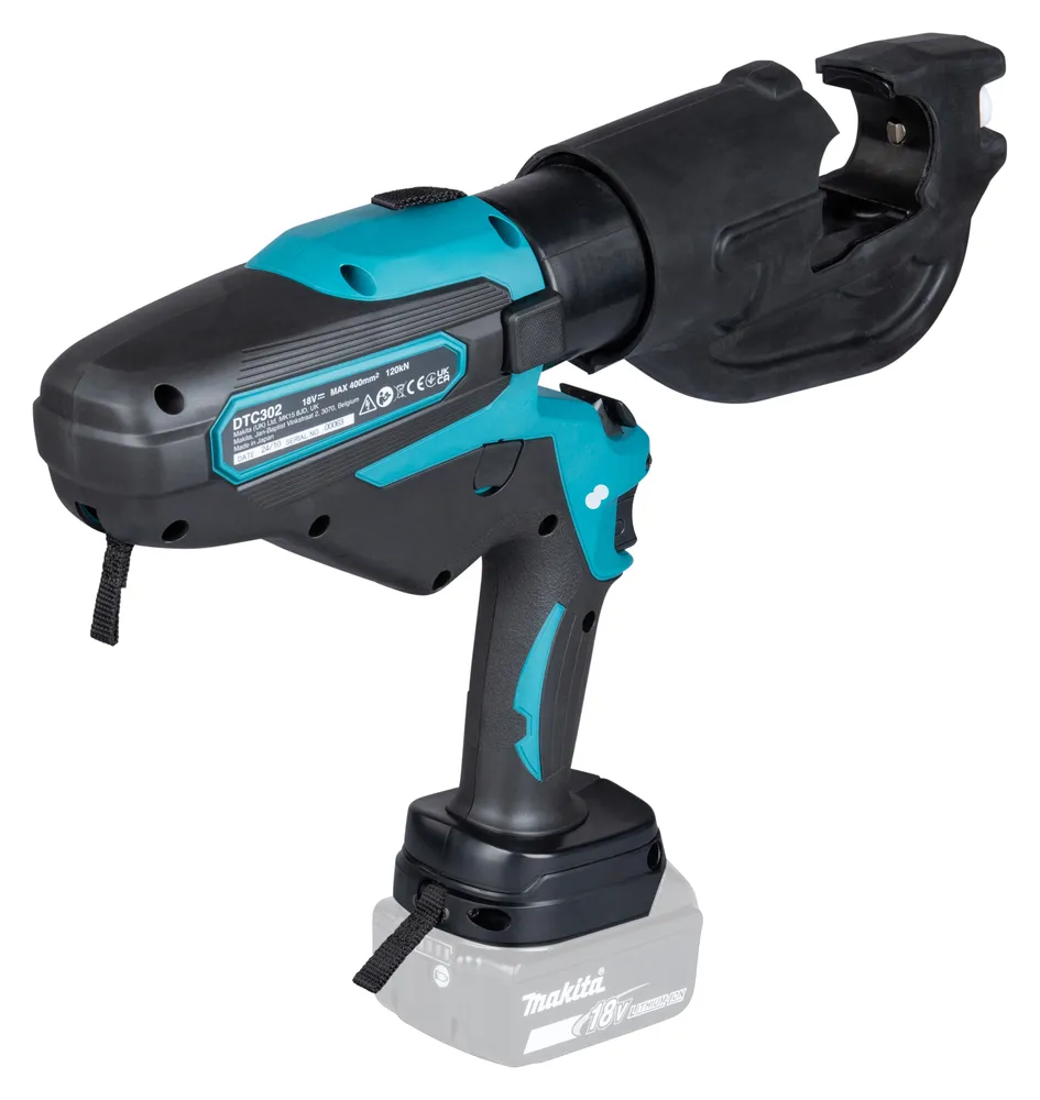 Pildil on tagantvaates Makita akukaablipress DTC302ZK, näha on seadme korpust, käepidet ja rihmapesasid.