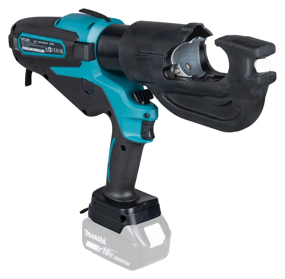 Pildil on Makita akukaablipress DTC302ZK, mida kasutatakse kaablite pressimiseks, koos akuga ja pressimispeaga.