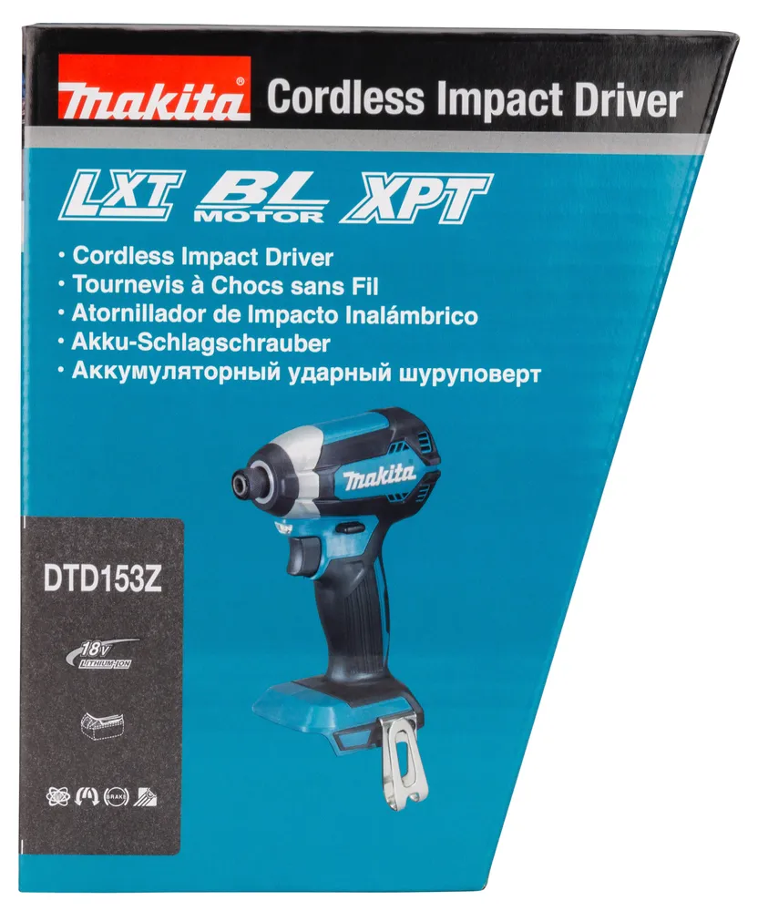 Pildil on Makita akulöökkruvikeeraja DTD153Z pakend, millel on nähtav toote nimi ja omadused.