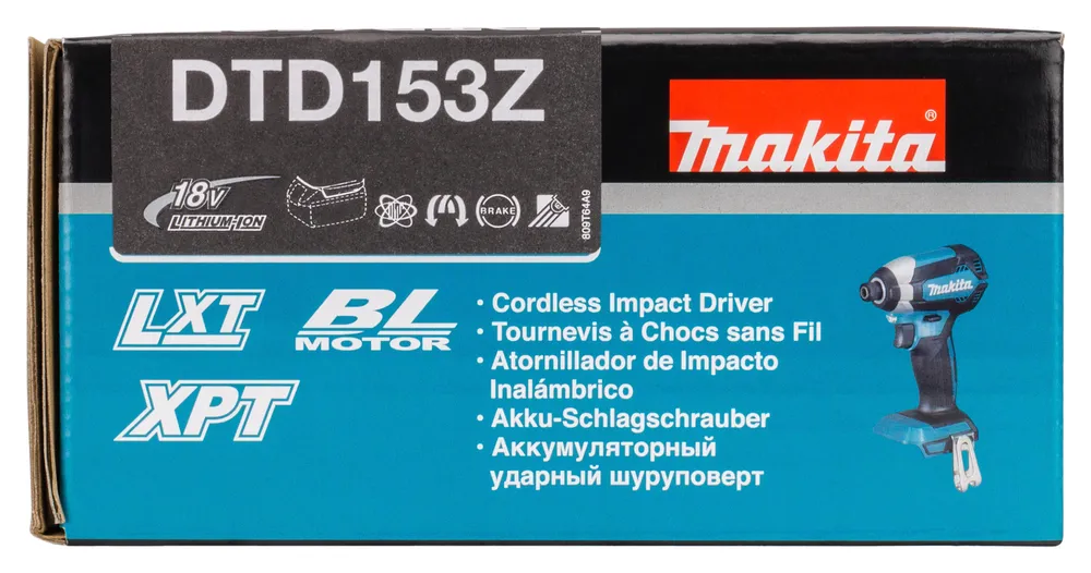 Pildil on Makita akulöökkruvikeeraja DTD153Z pakend, mis sisaldab toote kirjeldusi ja pildi kruvikeerajast.