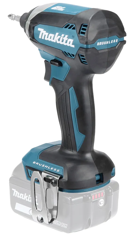 Pildil on Makita akulöökkruvikeeraja DTD153Z, mille küljes on kruvikeeraja ots, ja see on varustatud akuklambri ja aku...