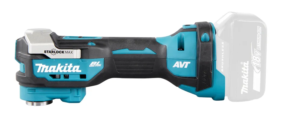 Pildil on Makita akuuniversaaltööriist DTM52ZJX4 koos tühja akuga.