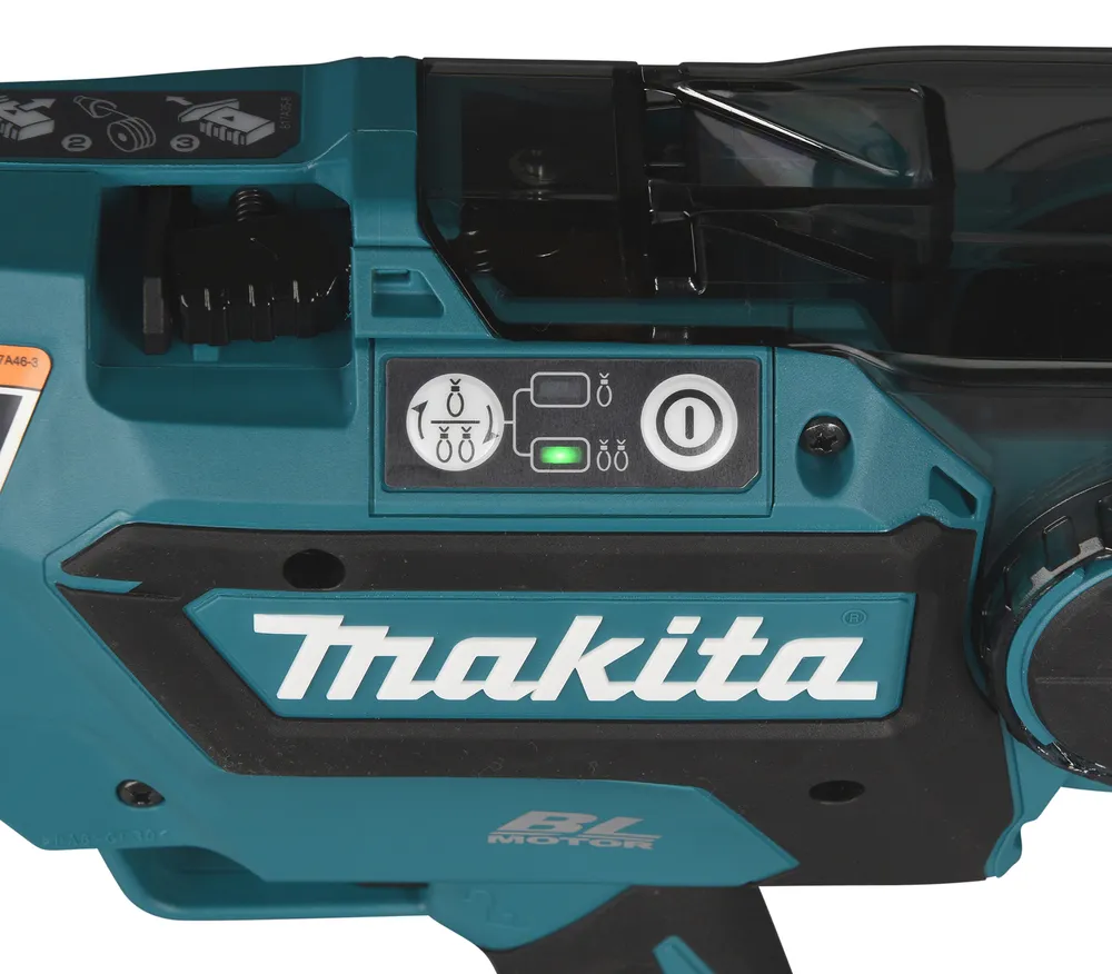 Pildil on näha Makita akuarmatuurisiduja DTR181ZJ, millel on aku laetuse indikaatorid ja sisse-/väljalülitusnupp.