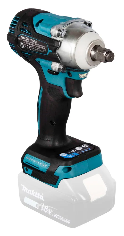 Pildil on Makita akulöökmutrikeeraja DTW300Z, mida on kujutatud koos makita 18V liitiumioon akuga.