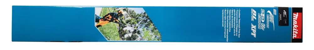 Pildil on sinine Makita teleskoop-oksasae karp, millel on fotod saest kasutamisel, toote kirjeldused ja Makita logo.