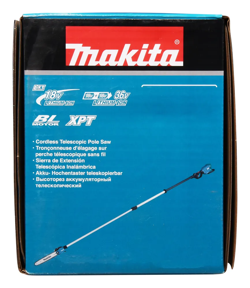 Pildil on Makita akutoitel teleskoop-oksasae pakend, millel on näha toote nimetus ja toote omadusi.