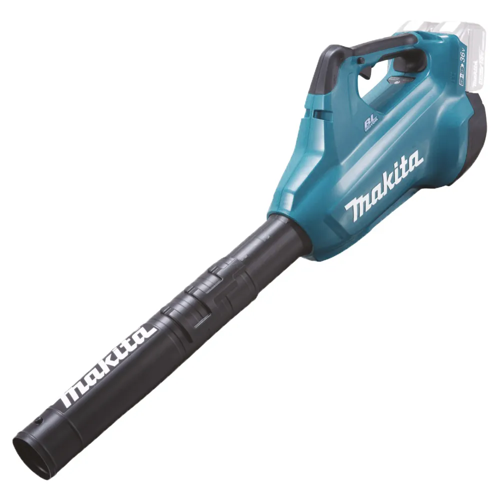 Pildil on Makita akupuhur DUB362Z, ilma aku ja laadijata, mis on valmistatud sinisest plastikust ja mustast torust.