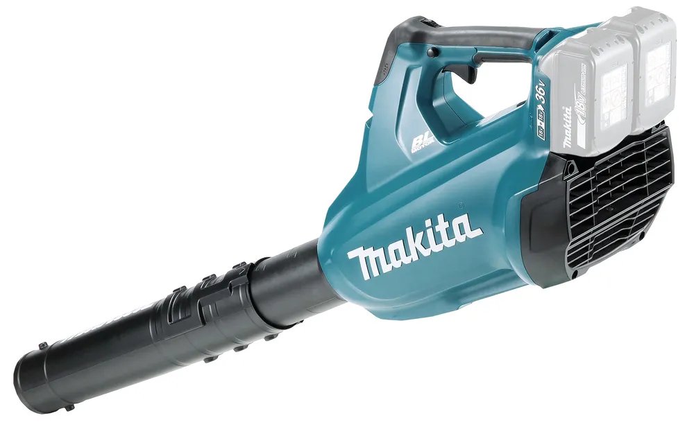 Pildil on Makita akupuhur DUB362Z, mis on varustatud kahe 18V akuga ja millel on märgatav "Makita" logo.