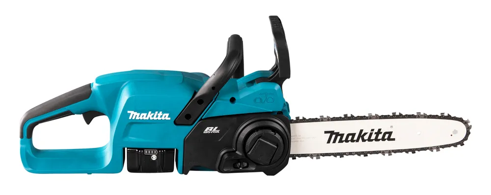 Pildil on Makita akukettsaag DUC307RT, mis on erkkirju ja sellel on kett, juhttala, käepidemed ja aku.