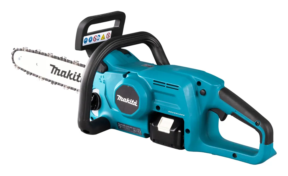 Pildil on kujutatud teal-sinine Makita akukettsaag DUC307RT koos selle ketiga.