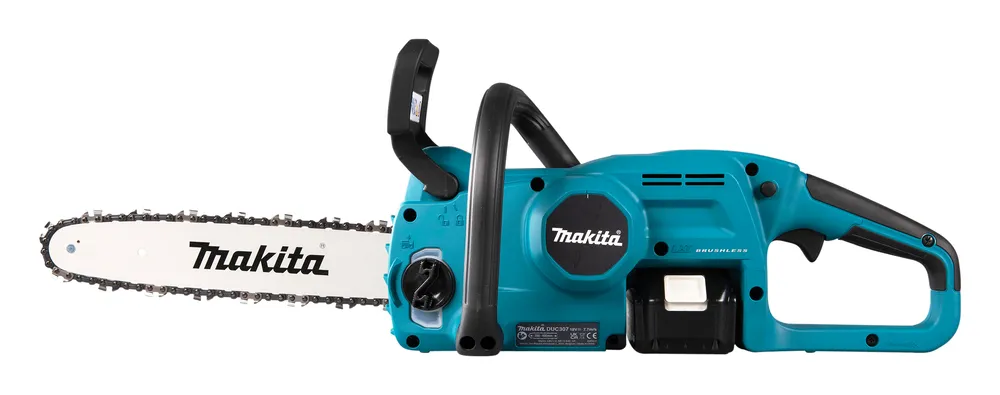 Pildil on näha turvablokiga Makita akukettsaag DUC307RT.