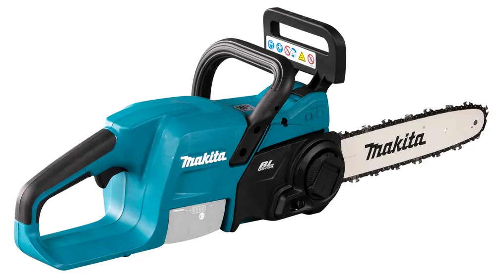 Pildil on näha Makita akukettsaag DUC307Z, millel on kaasaegne disain ja turvalisust tagavad märgistused.