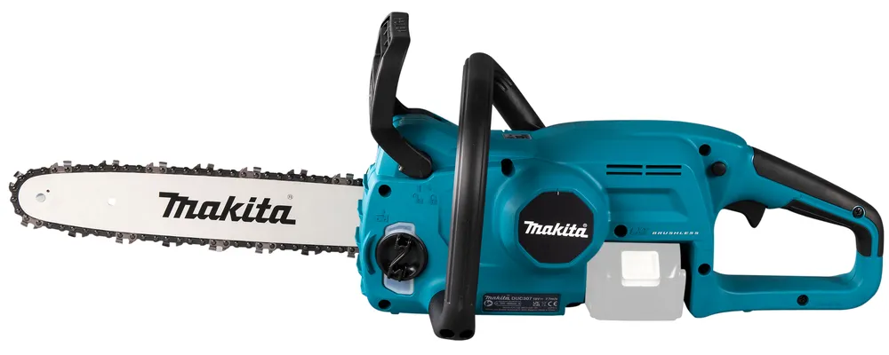 Pildil on Makita akukettsaag DUC307Z, millel on iseloomulik sinine korpus ja metallist juhtketiga tera.