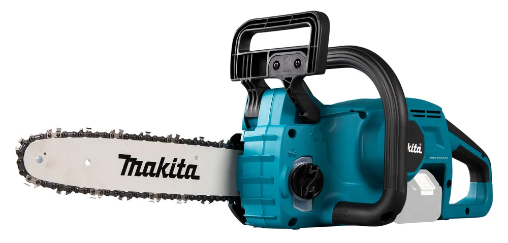 Pildil on Makita akukettsaag DUC307Z, mis on erksinise ja musta värvi, valge teraga ja mustade käepidemetega.