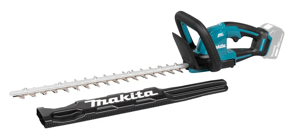 Pildil on Makita akuhekilõikur DUH506Z, koos teraga ja kaitsekate, mis on valgel taustal.
