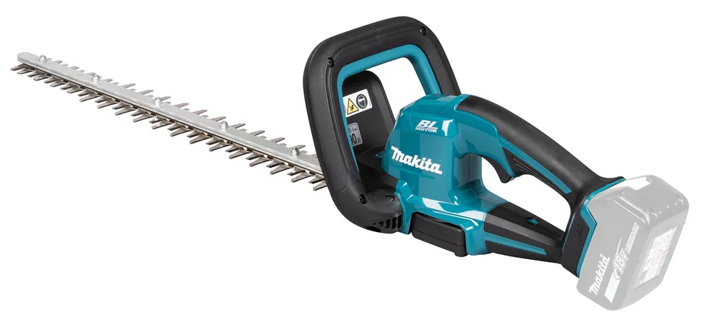 Pildil on Makita akuhekilõikur DUH506Z, mis on musta ja türkiissinise värviga ning millel on aku ja lõiketera.