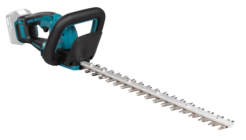 Pildil on Makita akuhekilõikur DUH506Z, kus on näha rohelist ja musta värvi käepide, lõiketerad ja aku.