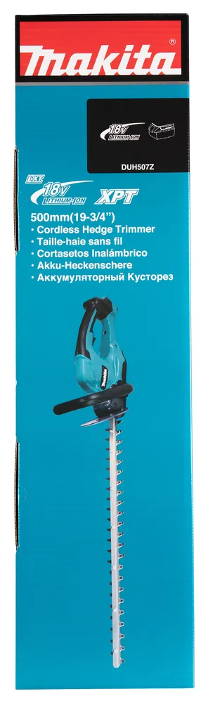 Pildil on sinisel taustal Makita akuhekilõikur DUH507Z, mis on pakendatud karpi, nähtav on nii tööriista ise kui ka...