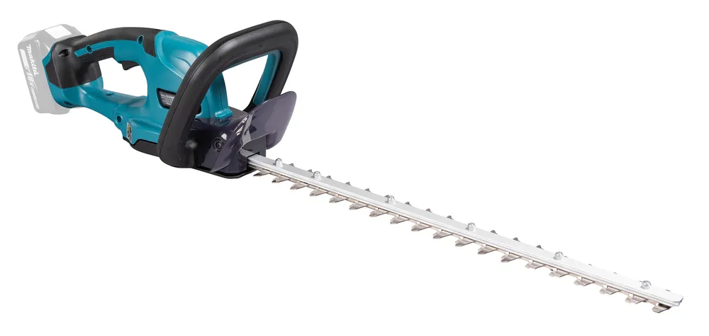 Pildil on valge taustaga Makita akuhekilõikur DUH507Z, millel on terav lõiketeraga tera, roheline korpus ja mustad...