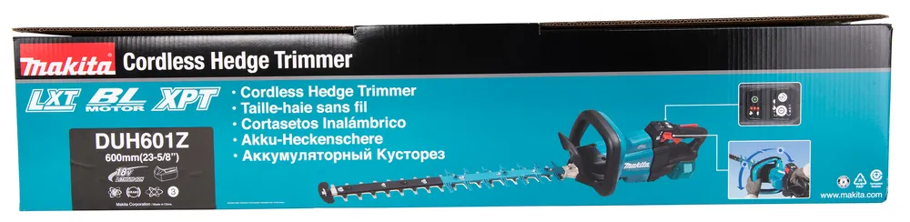 Pildil on Makita akuhekilõikuri DUH601Z karp, mis näitab seadme detaile ja kirjeldusi.