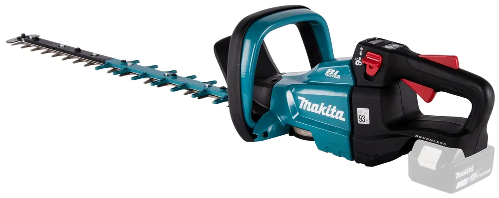 Pildil on Makita akuhekilõikur DUH601Z, mis näitab seadme terasid, rohelist ja musta korpust, kahte käepidet ja sellele...