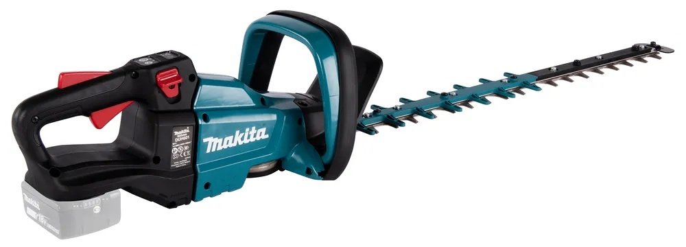 Pildil on Makita akuhekilõikur DUH601Z, millel on roheline korpus, mustad käepidemed ja lõiketerad ning see töötab akuga.