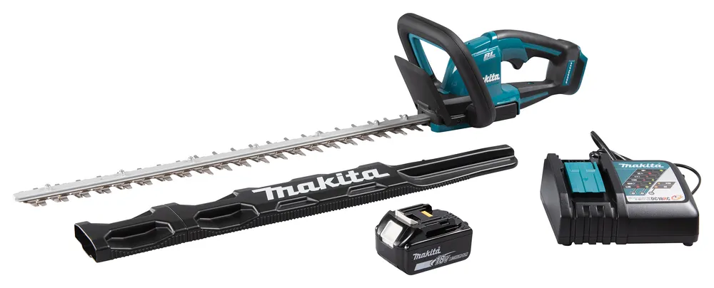 Pildil on Makita akuhekilõikuri DUH606RT komplekt, mis sisaldab hekilõikurit, terakaitset, akut ja laadijat.