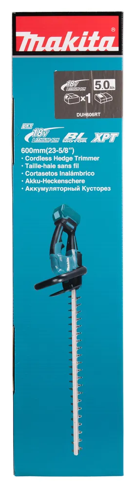 Pildil on Makita akuhekilõikur DUH606RT, mis on pakendatud karpi, millel on näha tööriista ennast.