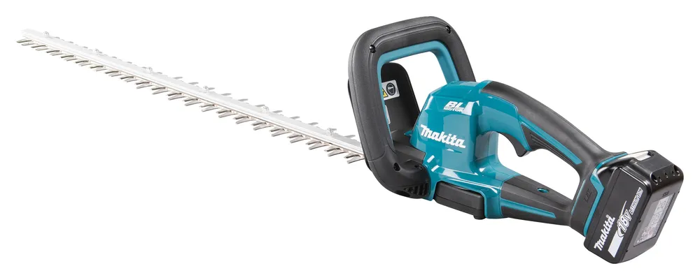 Pildil on valge taustaga Makita akuhekilõikur DUH606RT, millel on terasest lõiketerad ja turkiissinine ning must käepide.
