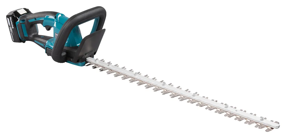 Pildil on Makita akuhekilõikur DUH606RT, millel on terasest lõiketerad, käepide ja aku.