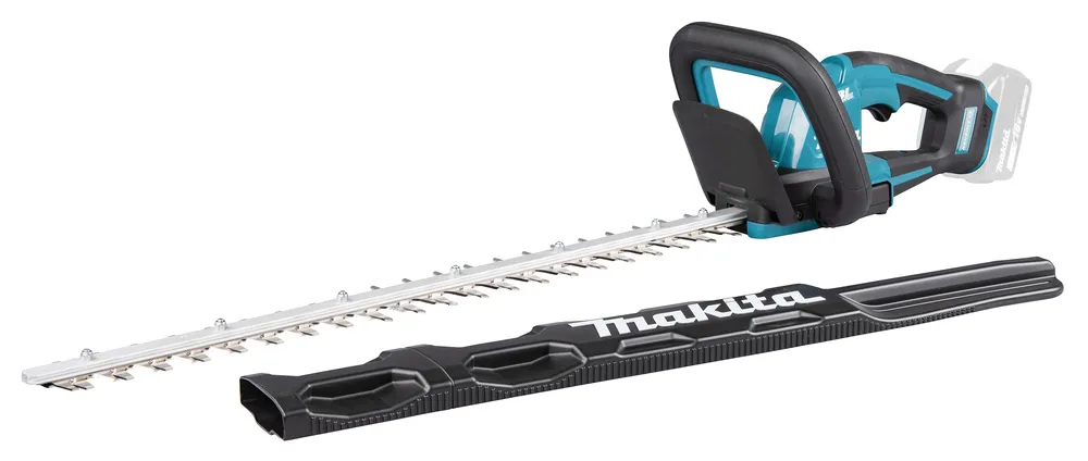 Pildil on Makita akuhekilõikur DUH606Z koos tera kaitsekattega, mis on asetatud valgele taustale.