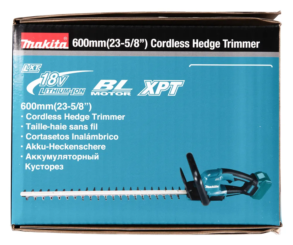 Pildil on Makita akuhekilõikuri karp, mis näitab toote omadusi ja kujutab toote visualiseeringut.