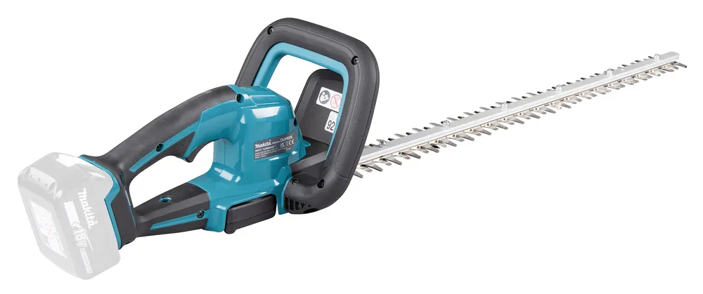 Pildil on Makita akuhekilõikur DUH606Z, mis on musta ja türkiissinise värviga ning millel on näha lõiketerad ja käepide.