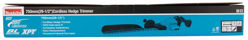 Pildil on Makita akuhekilõikuri DUH754SZ karp, mis näitab toote kujundust ja tehnilisi andmeid.