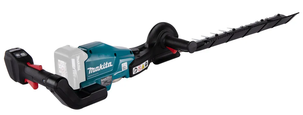 Pildil on Makita akuhekilõikur DUH754SZ, millel on terasest tera, käepidemed ja aku.