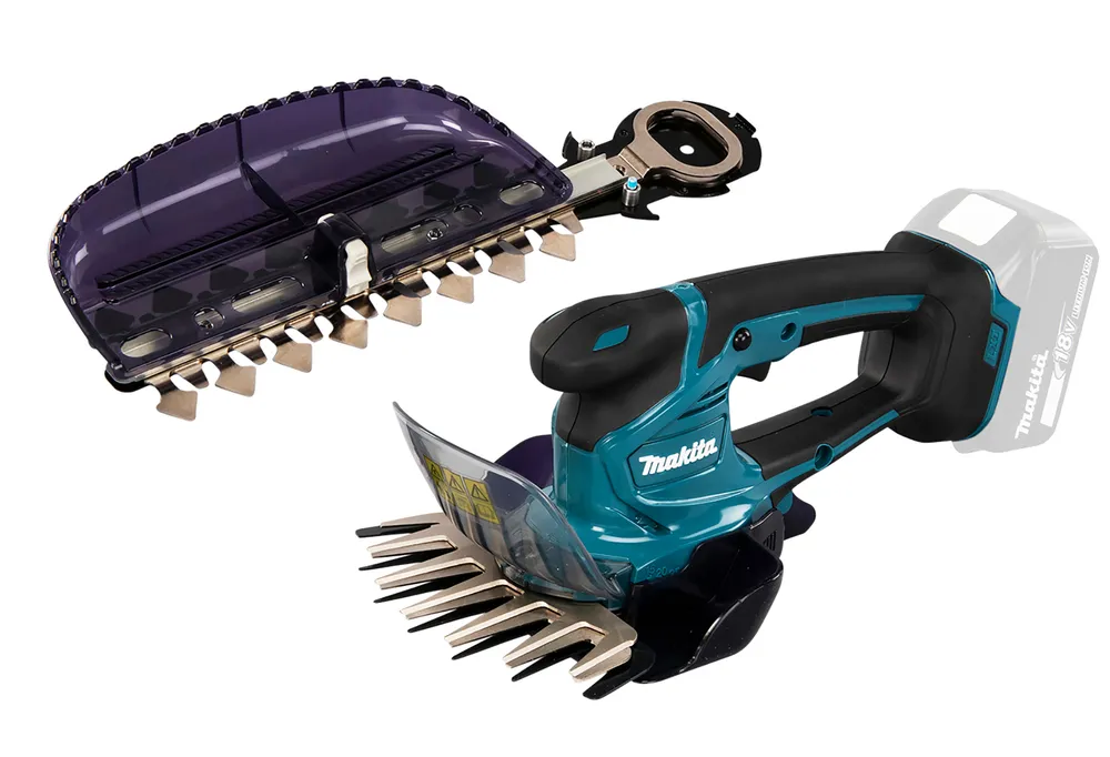 Pildil on kujutatud Makita akuga murukäärid DUM604ZX, mis on varustatud terade ja akuhoidikuga.