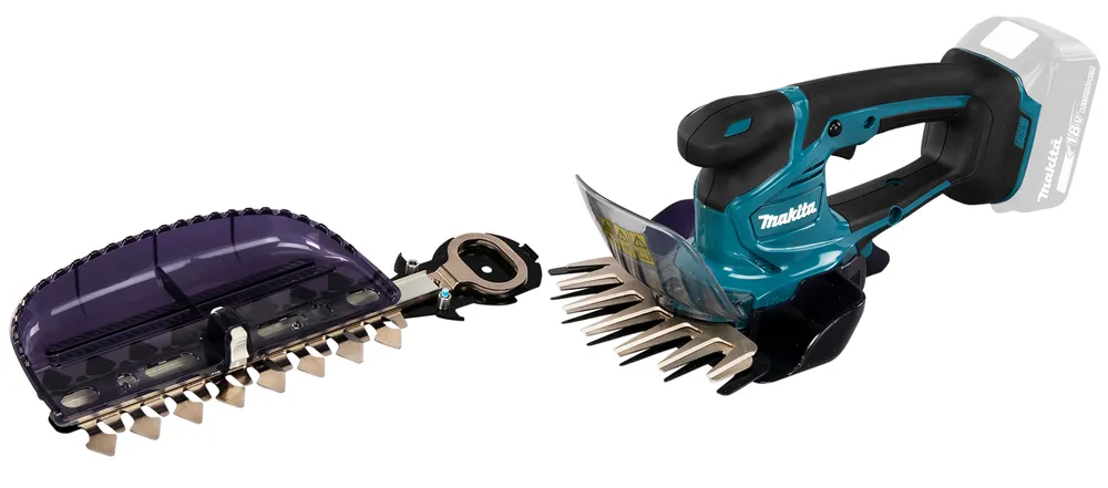 Pildil on näha Makita akuga murukäärid koos eraldi lisateradega.