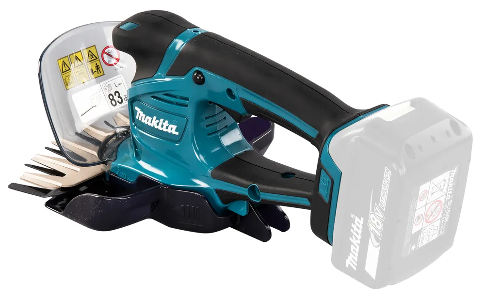 Pildil on Makita akuga murukäärid DUM604ZX, millel on selgelt näha Makita logo, turvakate, lõiketerad ja must käepide.