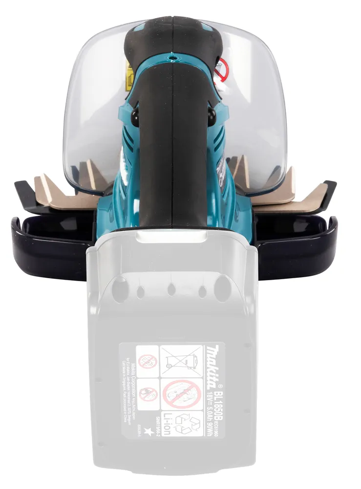 Pildil on Makita akuga murukäärid DUM604ZX, mis on ilma aku ja laadijata, näidates selgelt toote tagumist osa koos...