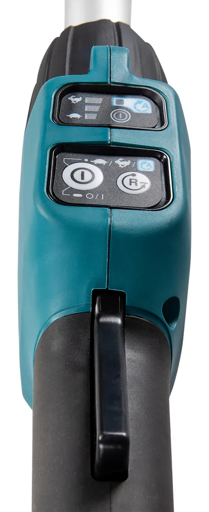 Pildil on näha Makita akutrimmeri DUR189Z osa, kus on kiiruse indikaatorid ning sisse/välja ja pöörlemissuuna nupud.