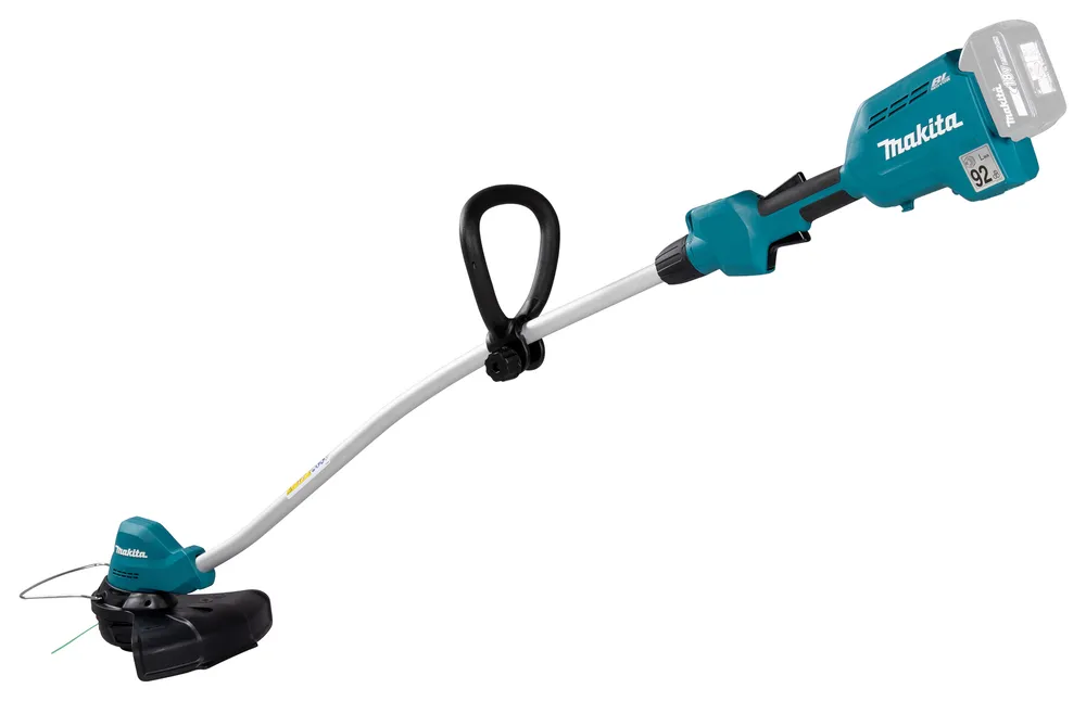 Pildil on Makita akutrimmer DUR189Z, mis on valge taustaga ja näitab toodet täies ulatuses.