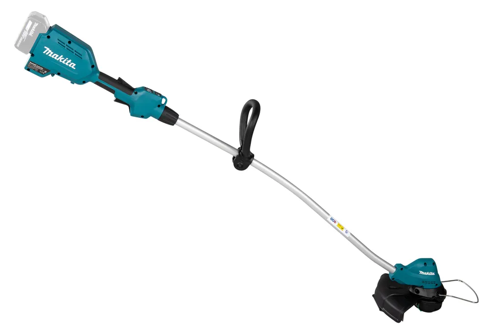 Pildil on Makita akutrimmer DUR189Z, mis koosneb juhtkangist, mootoripeast ja trimmeripeast.