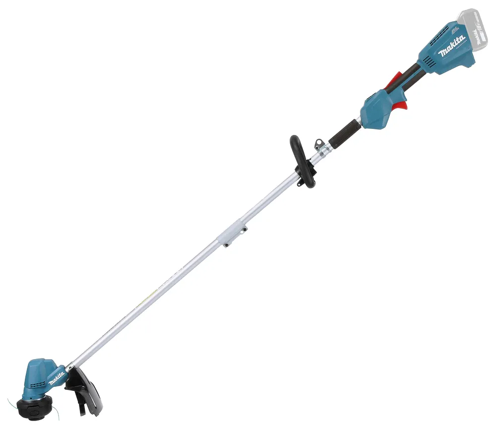 Pildil on Makita akutrimmer DUR192LZ, mis on kaetud sinise ja halli värviga, koos akuga.