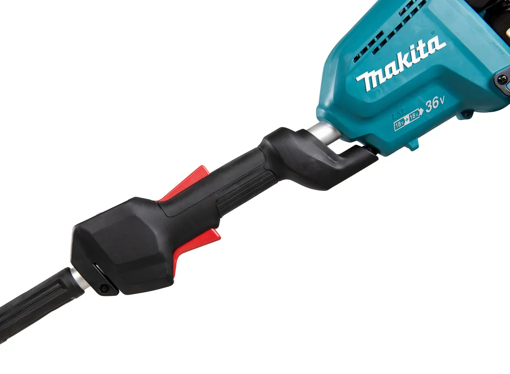 Pildil on näha Makita akutrimmeri DUR368LZ käepideme ja mootoriosa osa koos Makita logoga.