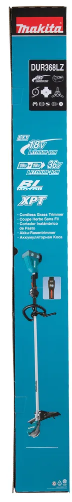 Pildil on Makita DUR368LZ akutrimmer, mis on pildistatud karbis.