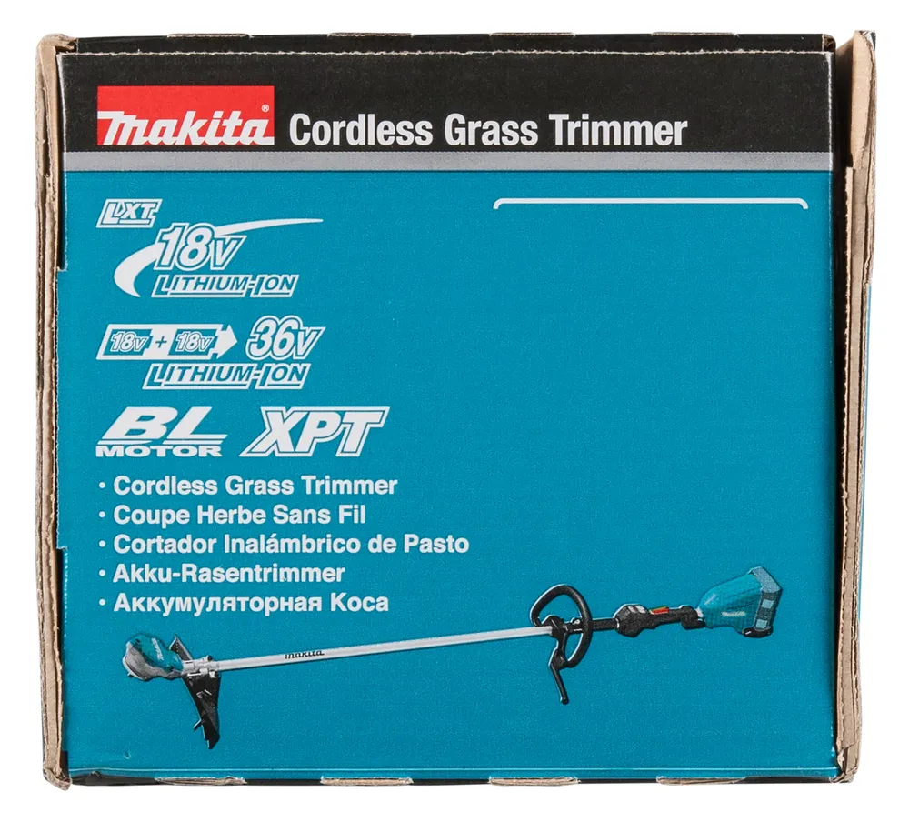 Pildil on Makita DUR368LZ akutoitega trimmer pakend.